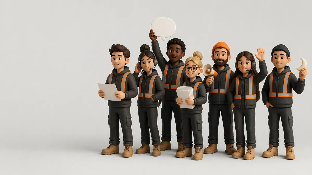 Illustration of seven FreightVero AI agent characters in work jackets with hi-vis straps, holding a rate con, headsets, a speech bubble, documents, a megaphone and a moon