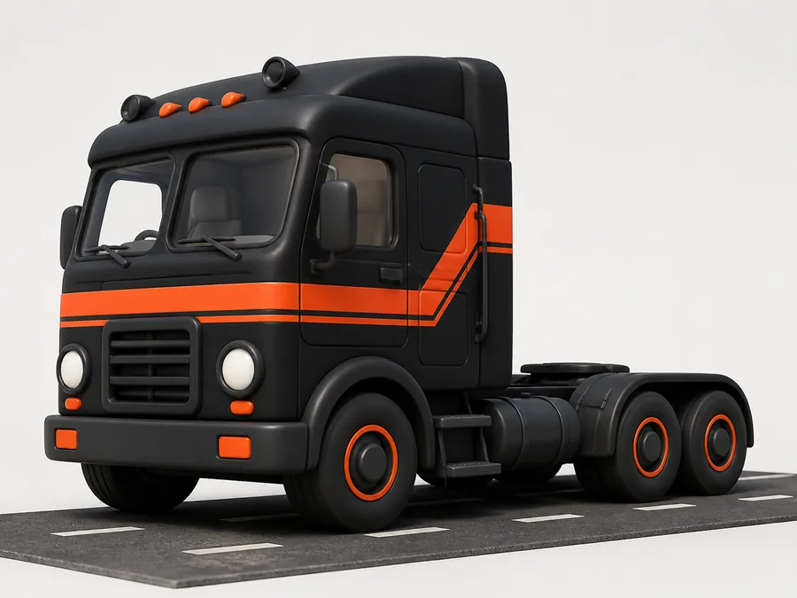 Illustration of a charcoal semi truck cab with signal orange stripes parked on a short stretch of road