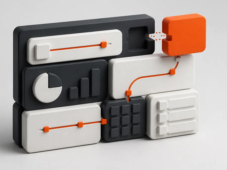 Illustration of modular software blocks snapping together, connected by an orange route line with checkpoint markers