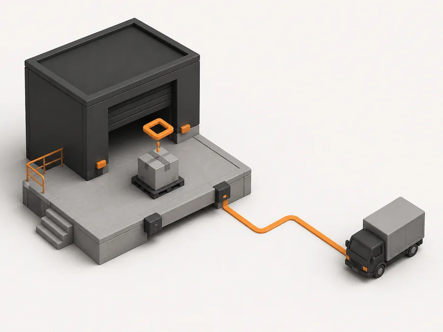 Illustration of a warehouse dock with a pallet and a checkpoint marker, connected by an orange route to a delivery truck