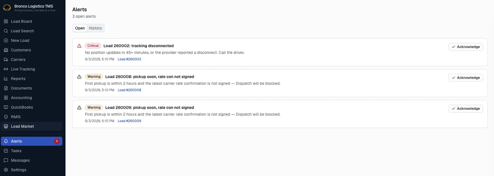 FreightVero alerts list: tracking disconnected on one load, and two loads with pickup soon and rate con not signed, dispatch will be blocked