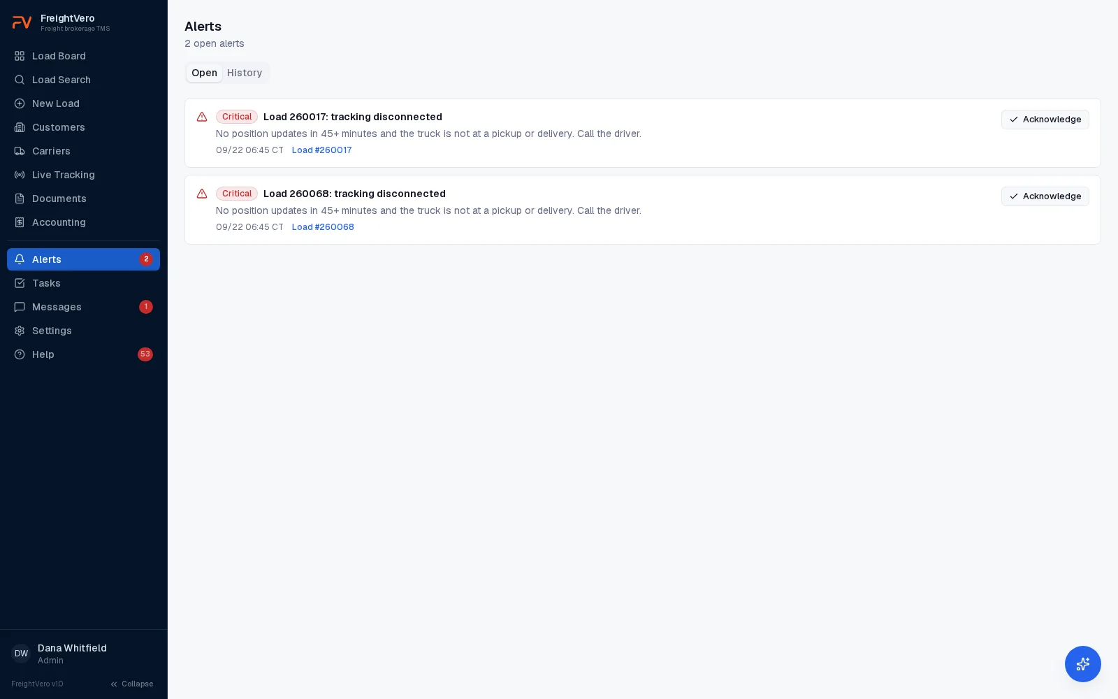 FreightVero alerts list with two critical tracking disconnected alerts, each linked to its load with an acknowledge button