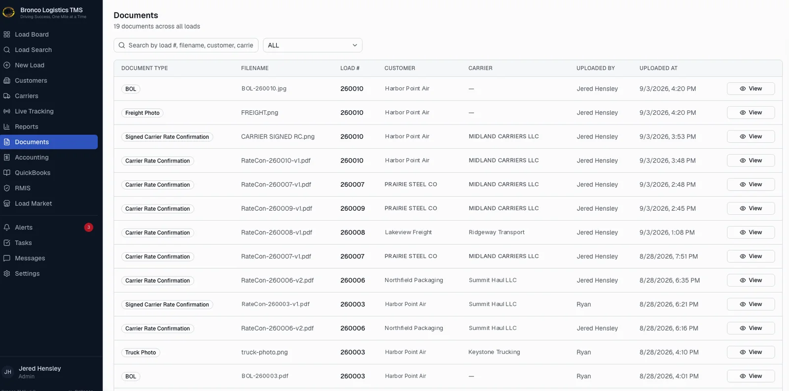 FreightVero documents list with BOLs, freight photos, carrier rate confirmation versions and signed rate confirmations per load