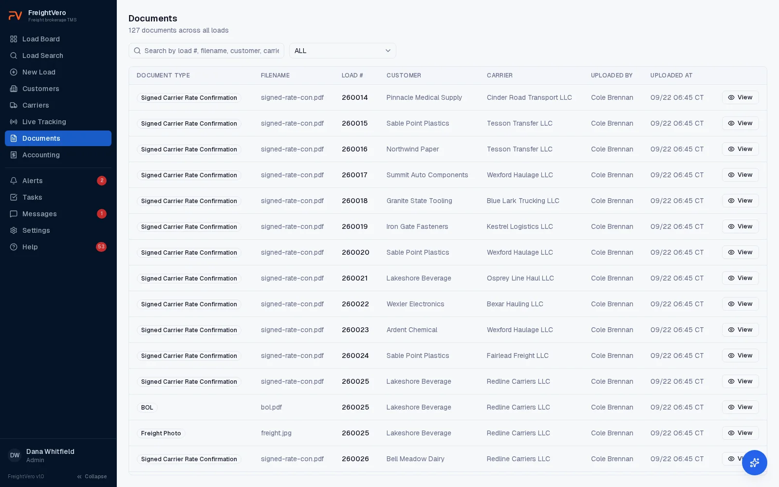 FreightVero documents list with signed carrier rate confirmations, BOLs and freight photos for each load, who uploaded them and when