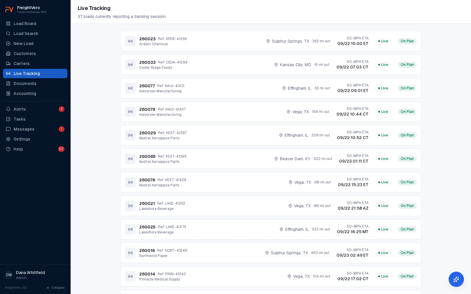 FreightVero live tracking list showing each load with its current city, miles out, ETA in the stop time zone and an On Plan badge