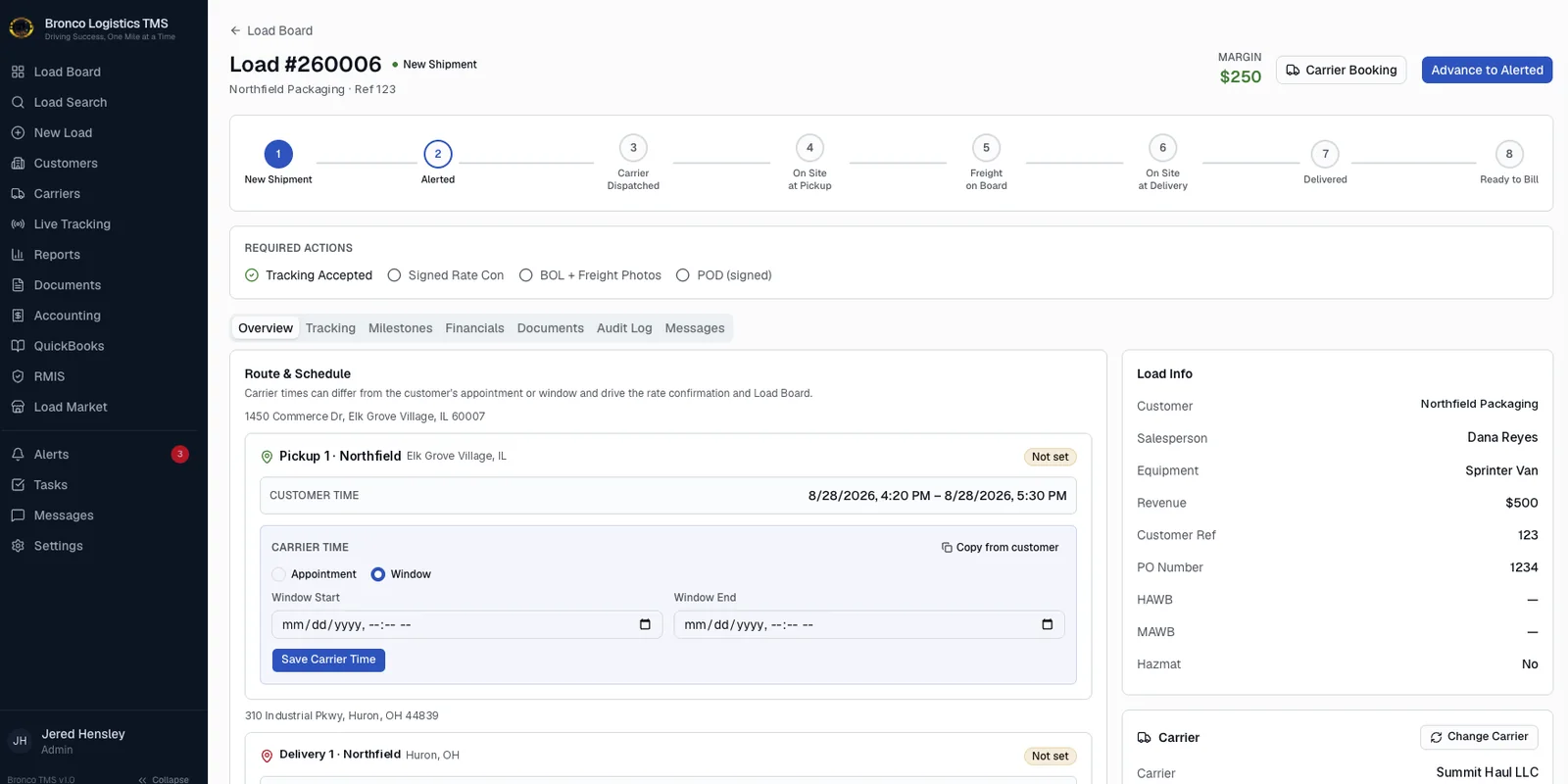 FreightVero load detail page with an eight-step status tracker and a required actions checklist: tracking accepted, signed rate con, BOL and freight photos, POD signed