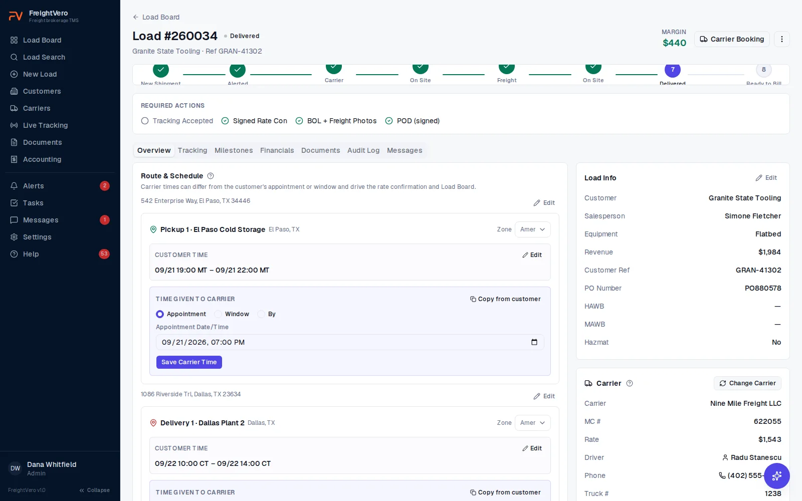 FreightVero load detail page with a status tracker, a required actions checklist and separate customer and carrier appointment times