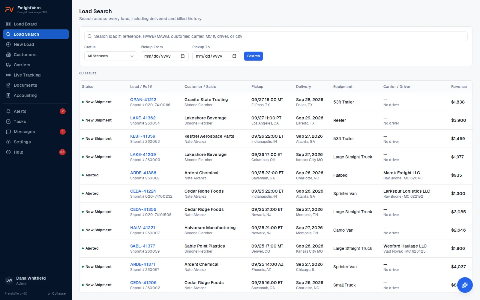 FreightVero load search across every load by number, reference, HAWB, MAWB, customer, carrier, MC number, driver or city
