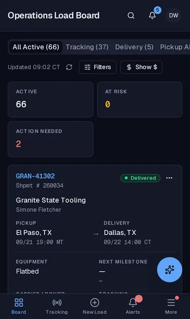 FreightVero load board on a phone
