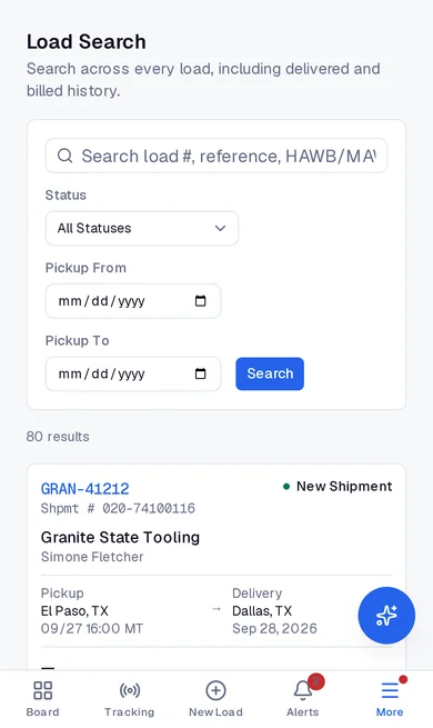 FreightVero load search on a phone