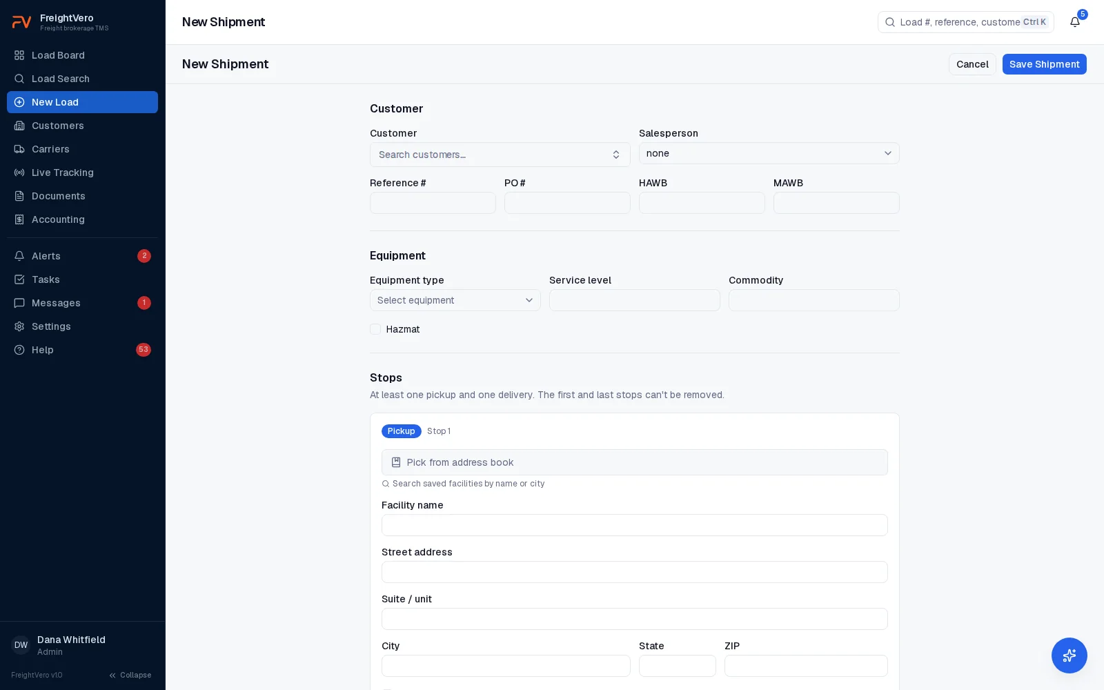 FreightVero new shipment form with customer, references, equipment and stops with an address book